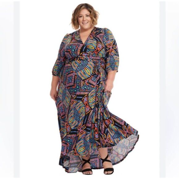Melissa McCarthy 2 Way Wrap Maxi Dress Plus size‎ 2X NWT Stretchy Colorful - Picture 1 of 9